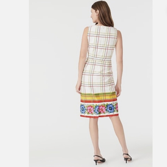 J. Crew Belted Cotton Check Floral Border Print Picnic Preppy Dress Nwt 8 - Picture 2 of 8